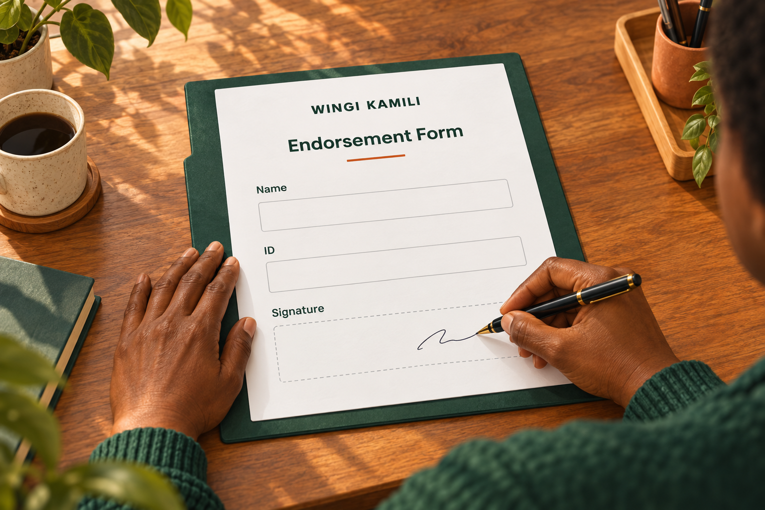 Illustration of a hand holding a pen over a document